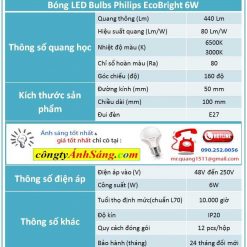 Thong so Bong LED Bulbs Philips EcoBright 6W congtyanhsang.com
