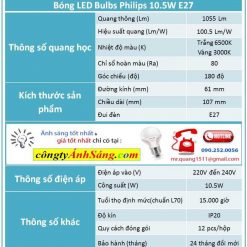 thong so bong led bulb Philips 10.5w congtyanhsang.com